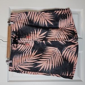 American Eagle Dark Gray & Light Pink Palm Print Board Shorts, Men's Medium